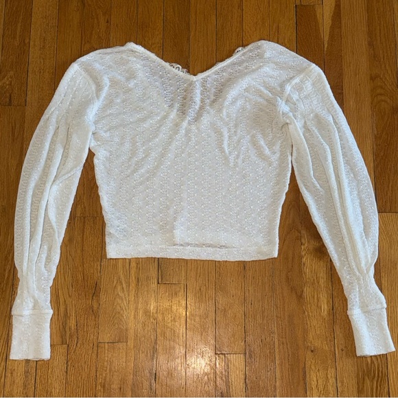 FREE PEOPLE Lace V-Neck Balloon Sleeve Sweater White Oversized XS - Picture 3 of 5